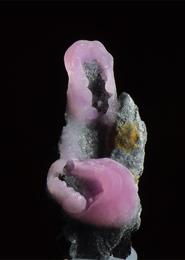 This attractively coloured calcite crystallizes at ambient temperature and pressure through percolation of fluids enriched with cobalt, nickel and zinc (Meisser, 1999) forming speleothems on black shale host rock in the moist darkness of the abandoned mine shafts.