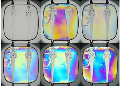 Fig. 5: Pictures during rotation of the analyser along polarizer: left hand, front view; right hand, back view. 